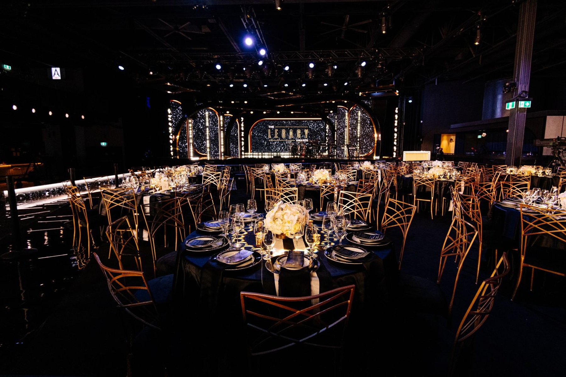 The Legacy Awards room and stage prepared before guests arrive
